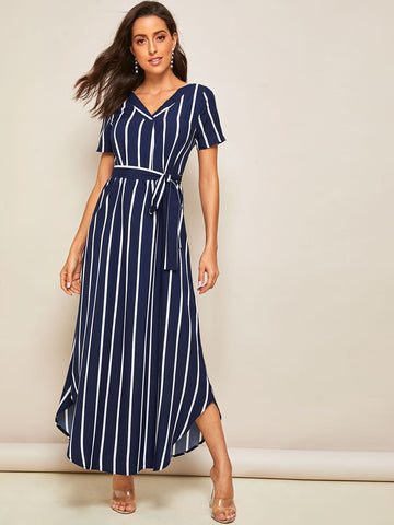 Stripe Print Belted Curved Hem Dress