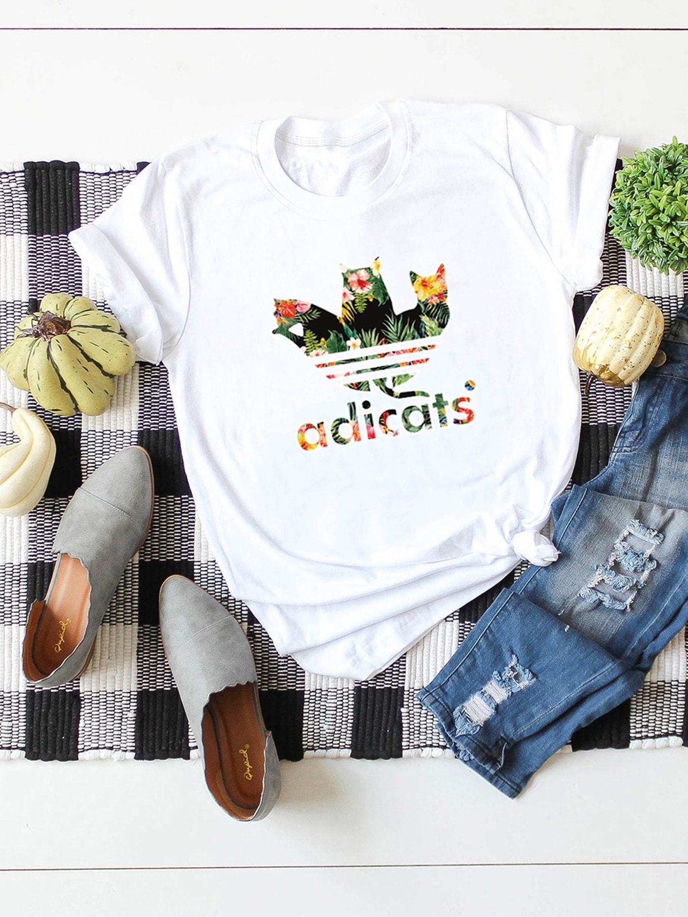 Tropical Letter And Cat Print Tee