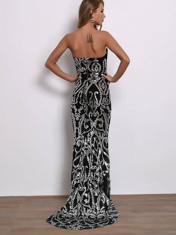 Joyfunear Zip Back Metallic Scroll Maxi Tube Dress