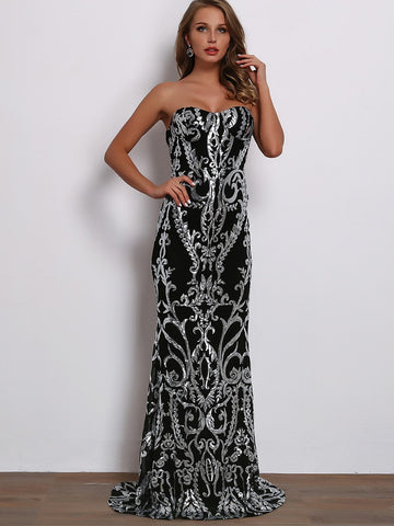 Joyfunear Zip Back Metallic Scroll Maxi Tube Dress