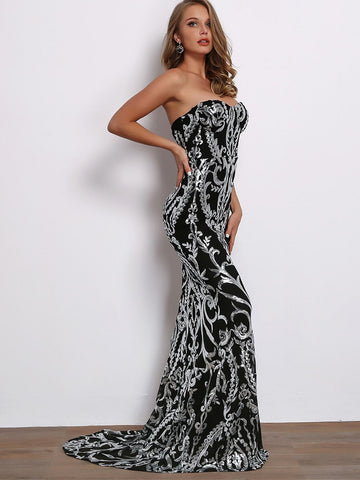 Joyfunear Zip Back Metallic Scroll Maxi Tube Dress