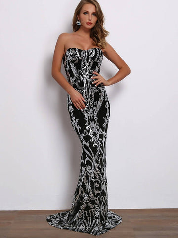 Joyfunear Zip Back Metallic Scroll Maxi Tube Dress