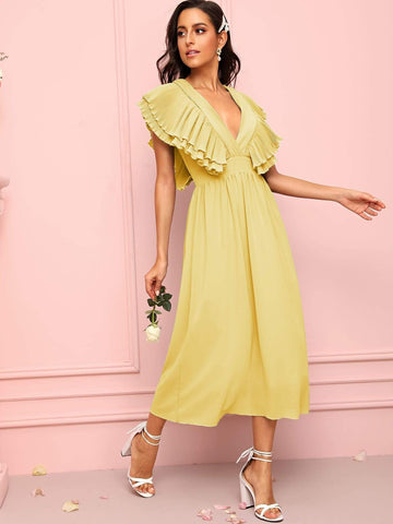 Solid Ruffle Sleeve Deep V-neck Dress