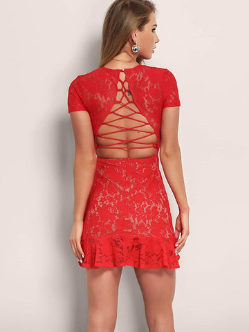 Joyfunear Lace Up Back Ruffle Hem Lace Bodycon Dress