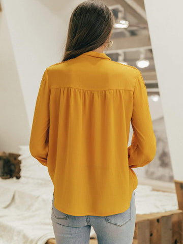 Simplee Tie Neck Guipure Lace Insert Solid Top