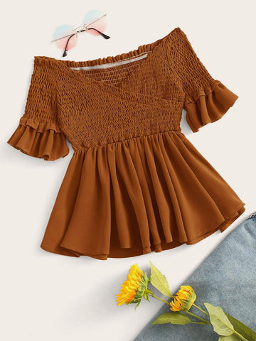 Crossover Shirred Off The Shoulder Blouse