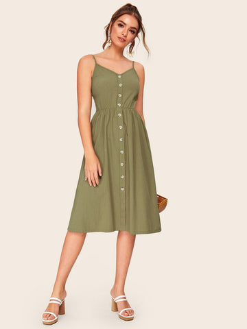 Button Front Shirred Cami Dress