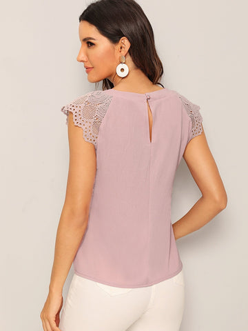 Contrast Lace Cuff Keyhole Neck Blouse