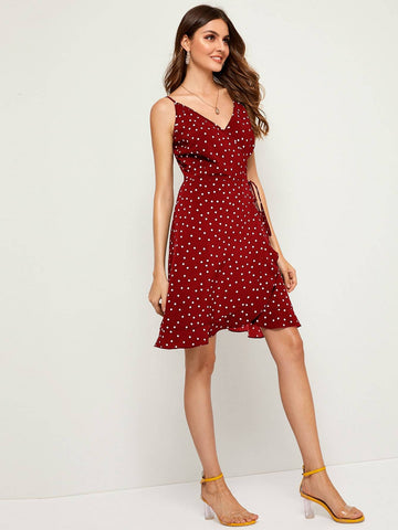 Polka Dot Wrap Self Tie Cami Dress