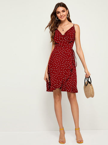 Polka Dot Wrap Self Tie Cami Dress