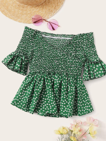 Crossover Shirred Off The Shoulder Blouse