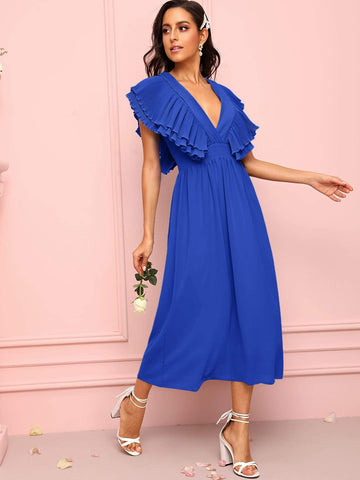 Layer Ruffle Trim Deep V-neck Tie Back Dress