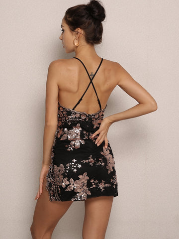 Joyfunear Criss-cross Backless Slit Hem Mini Slip Dress