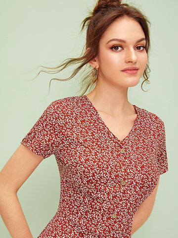 Ditsy Floral Button Front Midi Dress