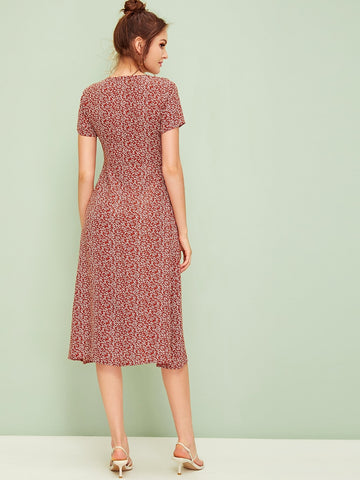 Ditsy Floral Button Front Midi Dress