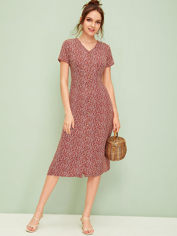 Ditsy Floral Button Front Midi Dress