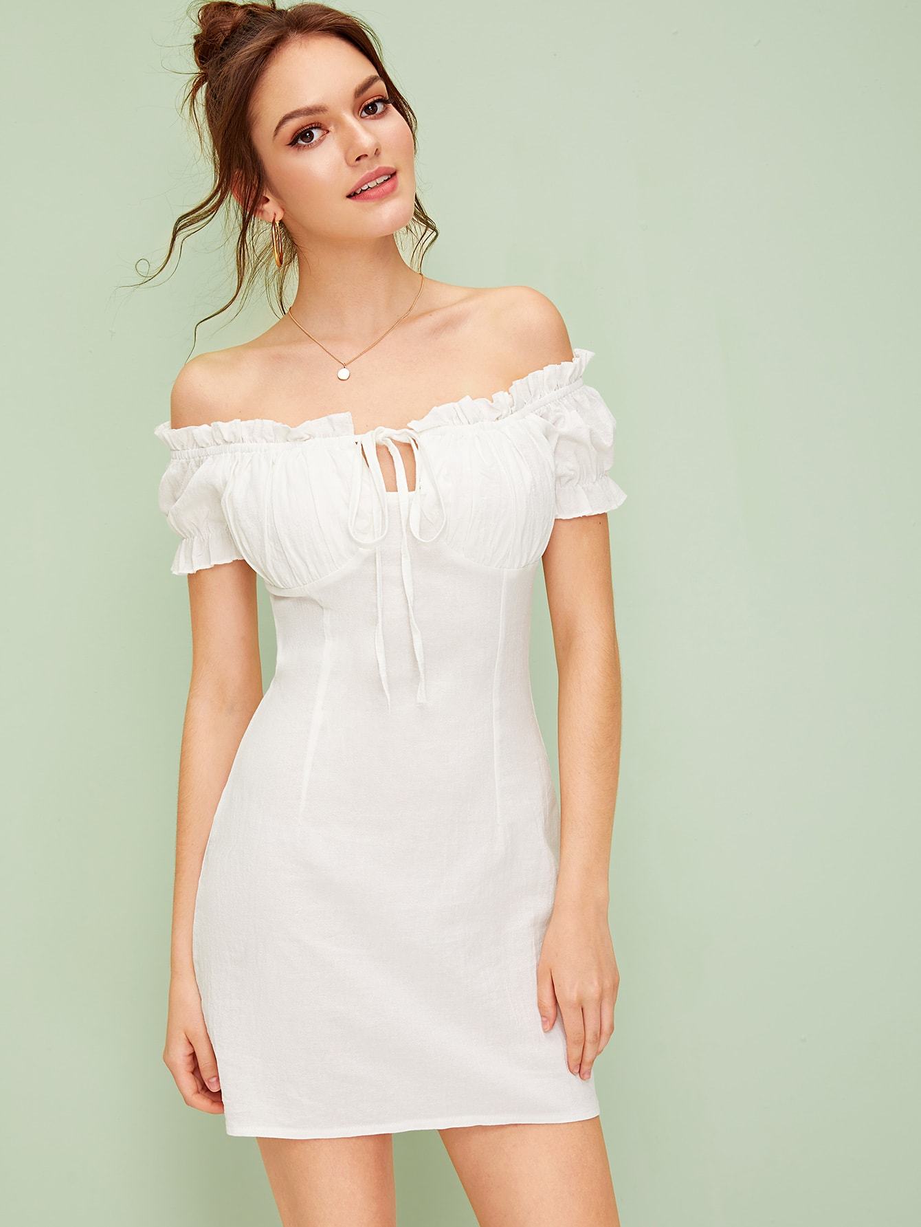 Off The Shoulder Knot Frill Trim Dress