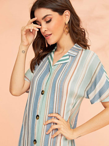 Striped Button Front Shirt Dress
