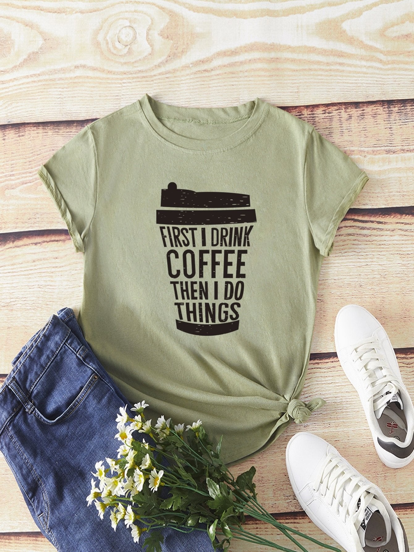 Slogan And Coffee Cup Print Tee