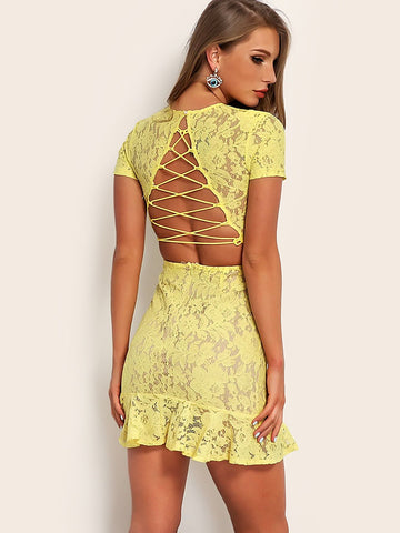 Joyfunear Lace Up Back Ruffle Hem Lace Bodycon Dress