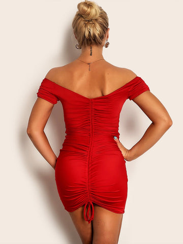 Joyfunear Off Shoulder Drawstring Ruched Satin Bodycon Dress