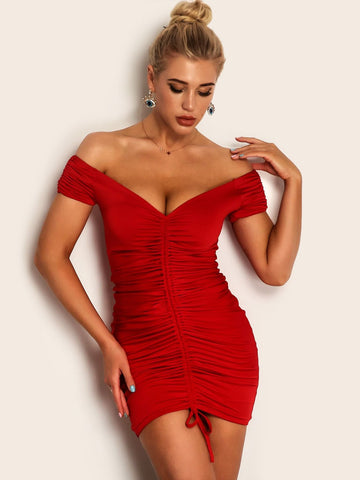 Joyfunear Off Shoulder Drawstring Ruched Satin Bodycon Dress