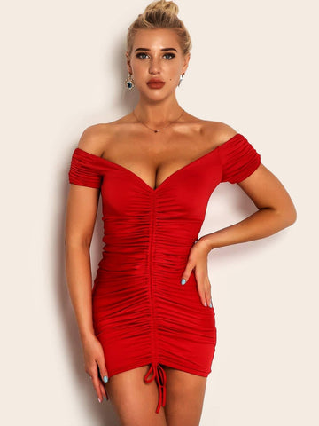 Joyfunear Off Shoulder Drawstring Ruched Satin Bodycon Dress