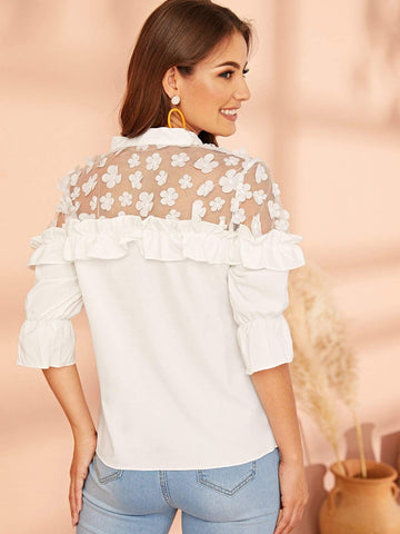 Mesh Insert Frill Tie Neck Blouse