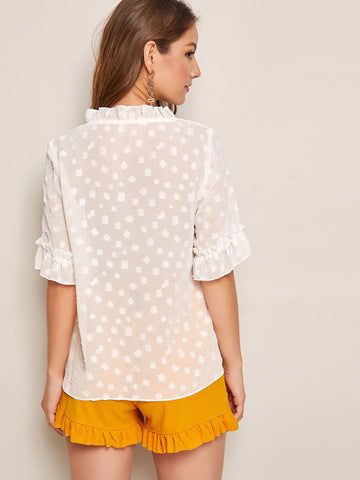 Dobby Mesh Flounce Sleeve Blouse