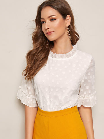 Dobby Mesh Flounce Sleeve Blouse