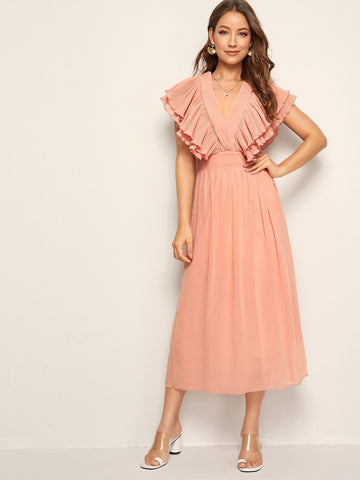 Solid Ruffle Sleeve Deep V-neck Dress