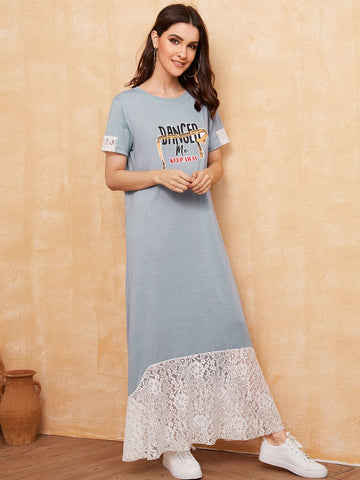 Lace Contrast Letter Print Tee Dress