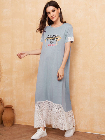 Lace Contrast Letter Print Tee Dress