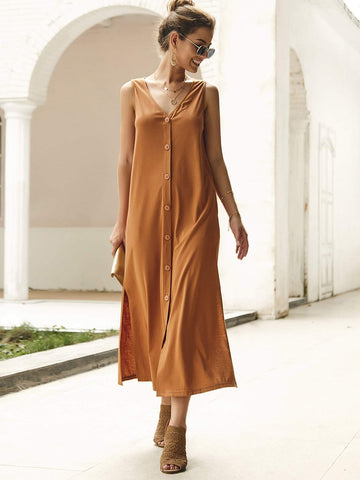 Button Front Split Side Tank Dress