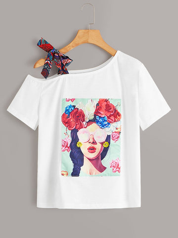 Figure & Floral Graphic Asymmetrical Neck Knot Tee