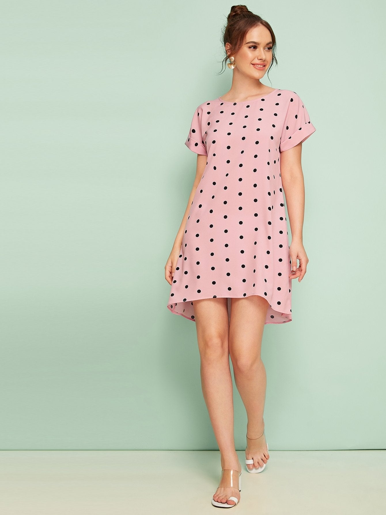 Polka Dot Dip Hem Rolled Cuff Dress