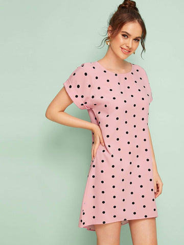 Polka Dot Dip Hem Rolled Cuff Dress