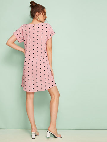 Polka Dot Dip Hem Rolled Cuff Dress