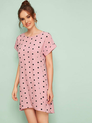 Polka Dot Dip Hem Rolled Cuff Dress