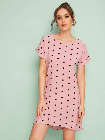 Polka Dot Dip Hem Rolled Cuff Dress