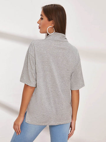 Letter Embroidered Mock Neck Zipper Detail Top