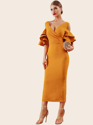 Adyce Cold Shoulder Layered Sleeve Pencil Dress