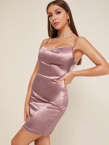 Satin Solid Draped Detail Cami Dress