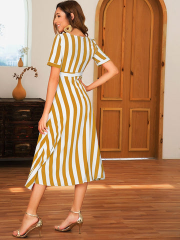 Rolled Sleeve Deep V-neck Stripe Dress