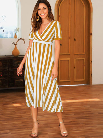 Rolled Sleeve Deep V-neck Stripe Dress