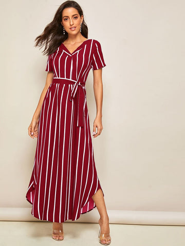 Stripe Print Belted Curved Hem Dress