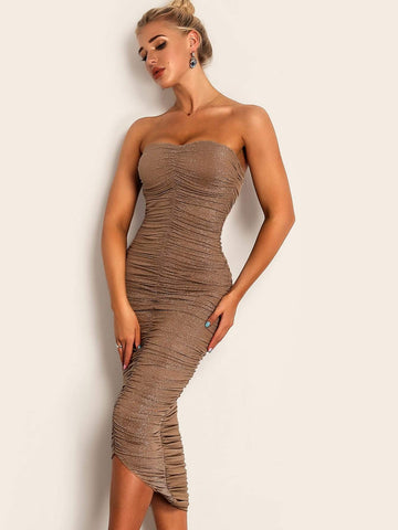 Joyfunear Dip Hem Ruched Tube Bodycon Dress