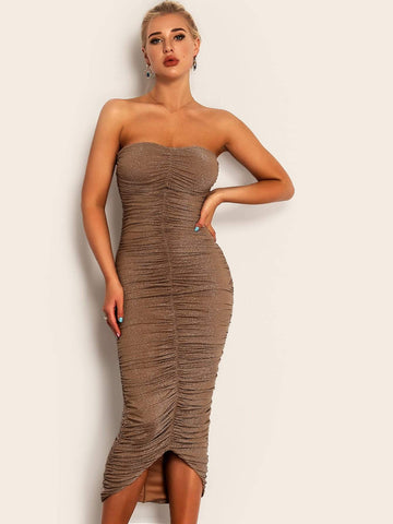 Joyfunear Dip Hem Ruched Tube Bodycon Dress