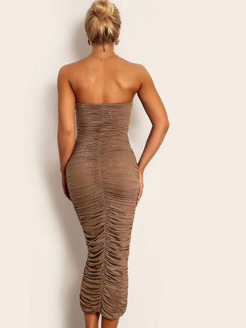 Joyfunear Dip Hem Ruched Tube Bodycon Dress