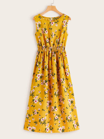 Shirred Waist Floral Midi Dress